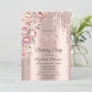 Pink Roses Glitter Drips Rose Gold 90th Birthday   Invitation