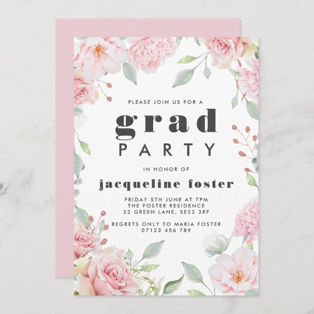 Pink Roses & Glitter Graduation Party Invitation (Front/Back)