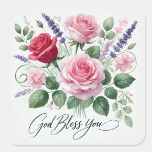 Pink Roses God Bless You Religious Square Sticker