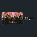 Pink Roses Gold Beads on Black Luggage Tag<br><div class="desc">This pretty luggage tag features a pink roses and gold foliage bouquet image on a dramatic black background. Descending from the bouquet is an image of a tiny gold beaded curtain. At the bottom is your name or other custom text in light pink. The back of the tag is black...</div>