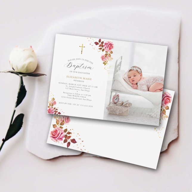 Pink Roses Gold Cross Baby Toddler Photo Baptism Invitation (baby girl baptism invitation christening pink gold roses floral frame cross elegant modern classic)