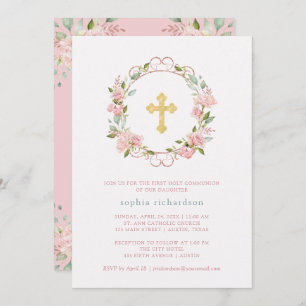Pink Roses Gold Cross Floral First Holy Communion Invitation