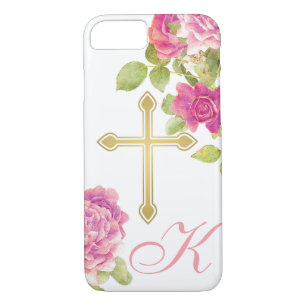 Pink Roses Gold Cross Monogrammed Floral Christian iPhone 8/7 Case