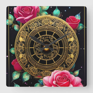 Pink Roses Gold Filigree Art Square Wall Clock