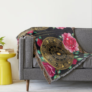 Pink Roses Gold Filigree Art Throw Blanket