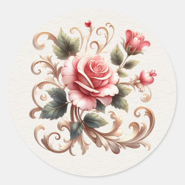 Pink Roses Gold Filigree Valentine Classic Round Sticker (Front)