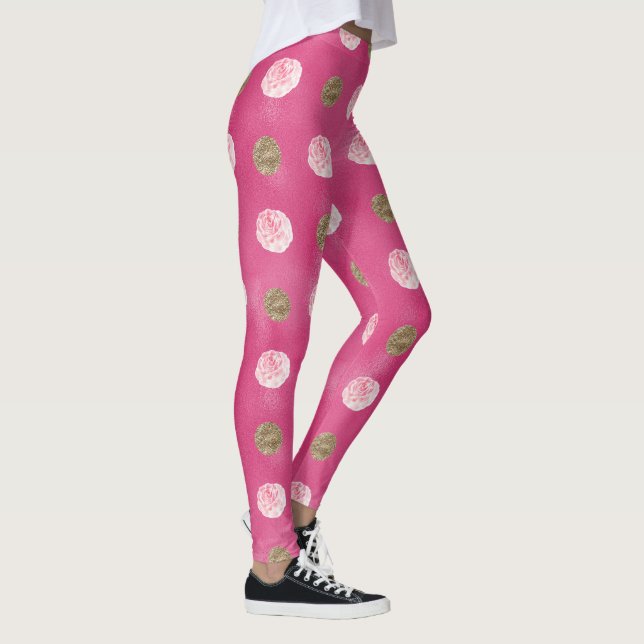 pink roses Gold Floral Hot Pink Leggings (Right)