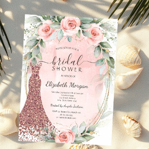 Pink Roses Gold Frame Glitter Dress Bridal Shower  Invitation