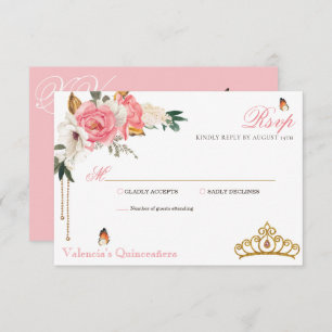 Pink Roses Gold Gemstone Tiara Quinceanera RSVP Card