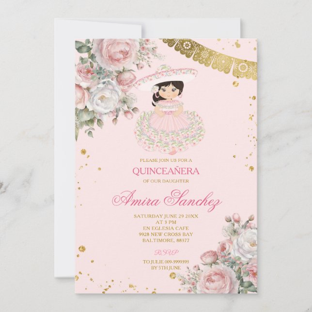Pink Roses Gold Glitter Spanish Girl Quinceañera Invitation (Front)
