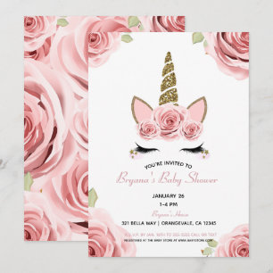 Pink Roses Gold Glitter Unicorn Floral Baby Shower Invitation