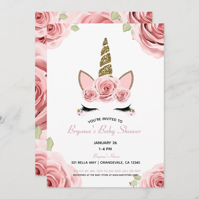 Pink Roses Gold Glitter Unicorn Floral Baby Shower Invitation (Front/Back)