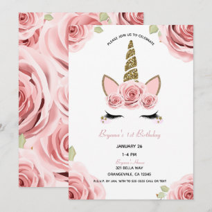 Pink Roses Gold Glitter Unicorn Floral Birthday Invitation