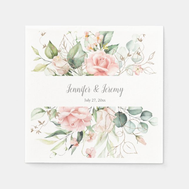 Pink Roses Gold Leaves Eucalyptus Greenery Napkin (Front)