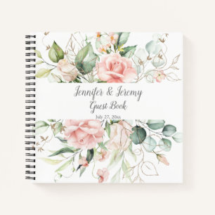 Pink Roses Gold Leaves Eucalyptus Guest Book