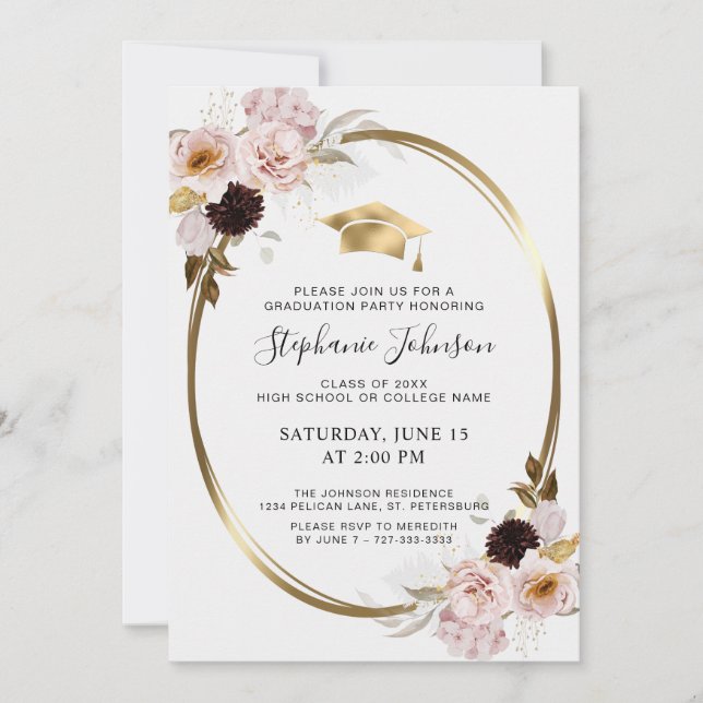 Pink Roses Gold Metallic Graduation Party Invitation (Front)