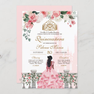 Pink Roses & Gold Princess Fairytale Quinceanera Invitation