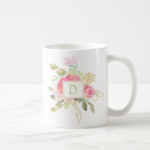 Pink Roses Gold Sparkles Green Leaves Monogram Mug