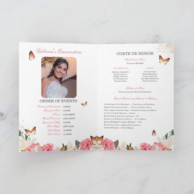 Pink Roses Gold Tiara Butterfly Quinceanera Program (Inside)