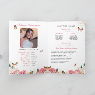 Pink Roses Gold Tiara Butterfly Quinceanera Program