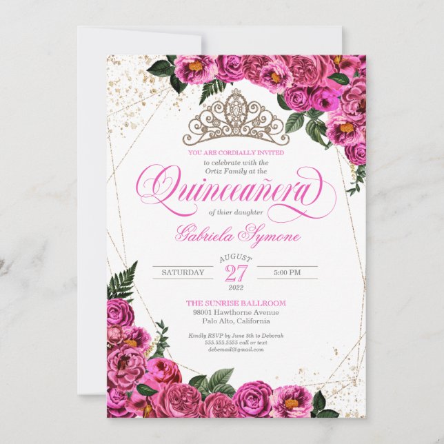Pink Roses & Gold Tiara Elegant Quinceañera Invitation (Front)