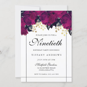 Pink Roses Gold & White 90th Birthday Invite