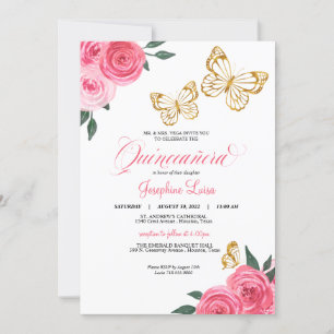 Pink Roses Golden Butterfly Quinceañera Birthday Invitation