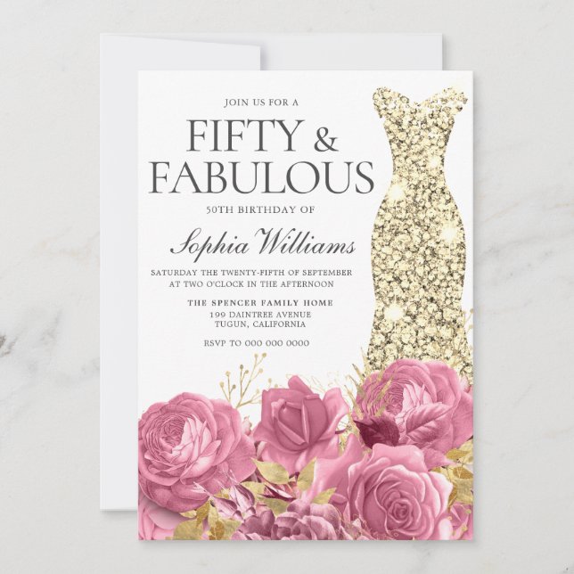 Pink Roses Golden Gown 50th Birthday Party Invitation (Front)