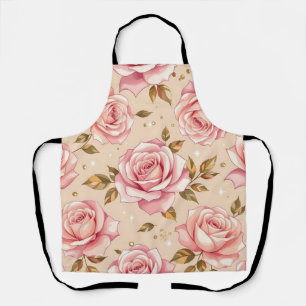 Pink Roses Golden Leaves Pattern Apron
