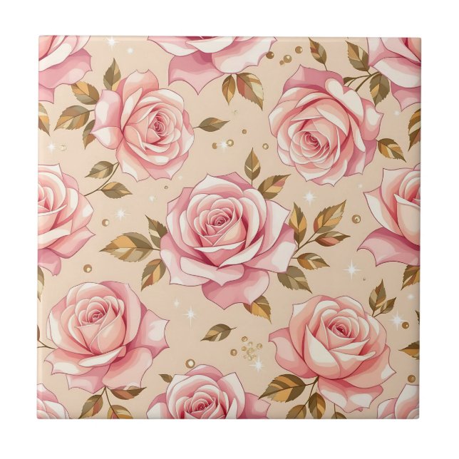 Pink Roses Golden Leaves Pattern Ceramic Tile (Front)