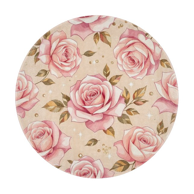 Pink Roses Golden Leaves Pattern Cutting Board (Front)