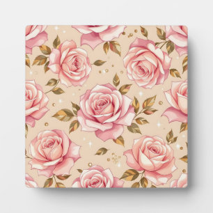 Pink Roses Golden Leaves Pattern Plaque