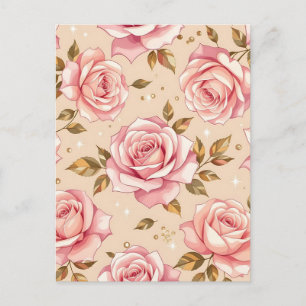 Pink Roses Golden Leaves Pattern Postcard