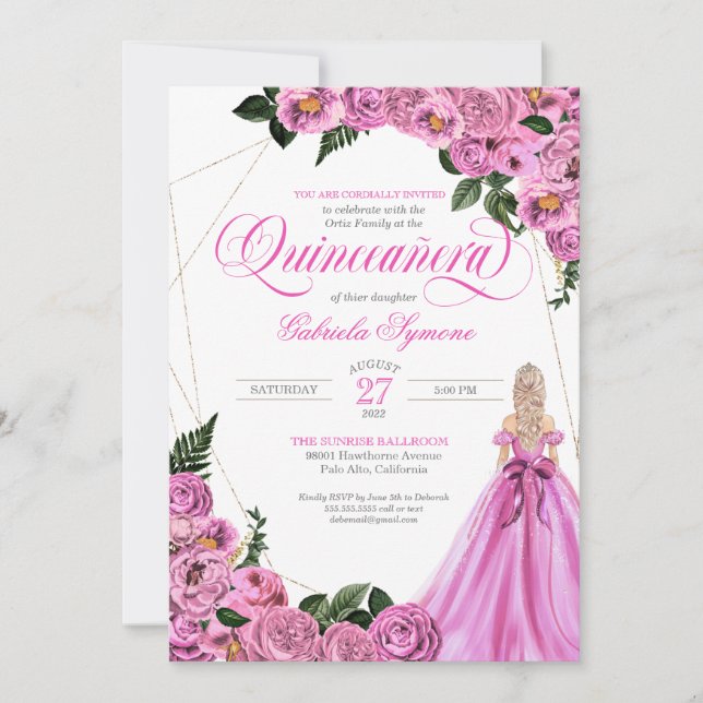Pink Roses | Golden Tiara & Ball Gown Quinceañera Invitation (Front)
