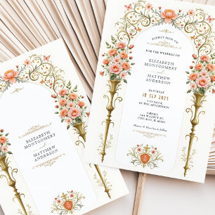 Pink Roses & Golden Urns Victorian Wedding Invitation