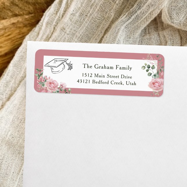 Pink Roses Graduate Cap Graduation Return Address Label (Creator Uploaded)