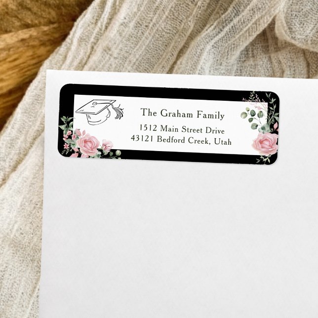 Pink Roses Graduate Cap Graduation Return Address Label (Creator Uploaded)