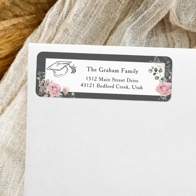Pink Roses Graduate Cap Graduation Return Address Label (Creator Uploaded)
