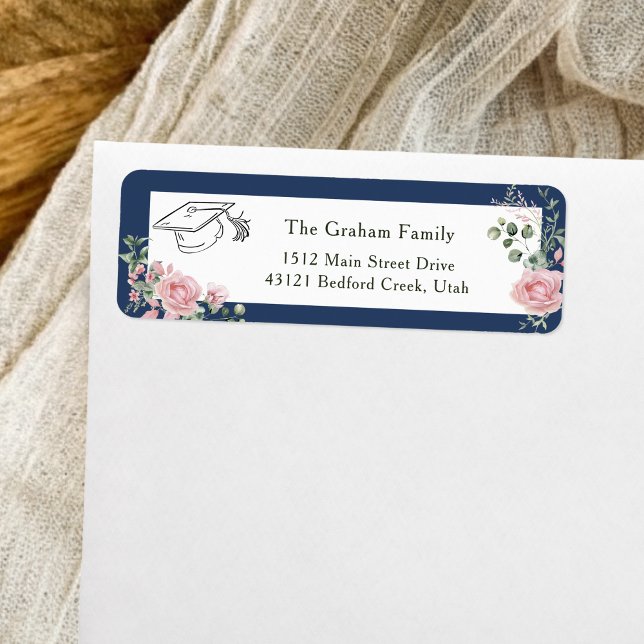 Pink Roses Graduate Cap Graduation Return Address Label (Creator Uploaded)