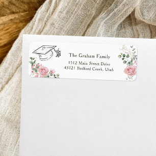 Pink Roses Graduate Cap Graduation Return Address Label