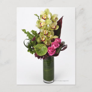 Pink roses, green anthuriums, cymbidium orchids postcard
