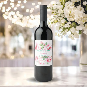 Pink Roses & Green Foliage Wedding Date Wine Label