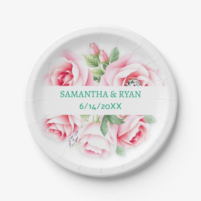 Pink Roses & Green Foliage Wedding Personalised Paper Plate (Front)