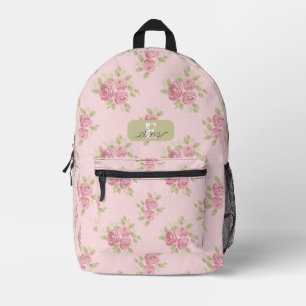 Pink Roses Green Leaves Botanical Personalised Printed Backpack