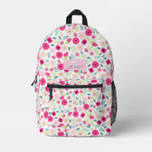Pink Roses Green Leaves Botanical Personalised Printed Backpack
