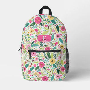 Pink Roses Green Leaves Botanical Personalised Printed Backpack