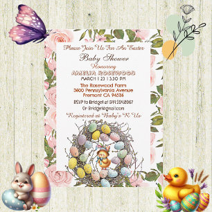 Pink Roses Greenery Easter Eggs Nest Chick Floral  Invitation