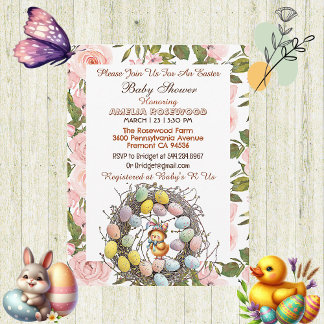 Pink Roses Greenery Easter Eggs Nest Chick Floral  Invitation