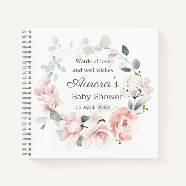 Pink Roses Greenery Foliage Baby Shower Notebook (Front)