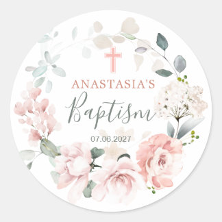 Pink Roses Greenery Foliage Baptism Classic Round Sticker